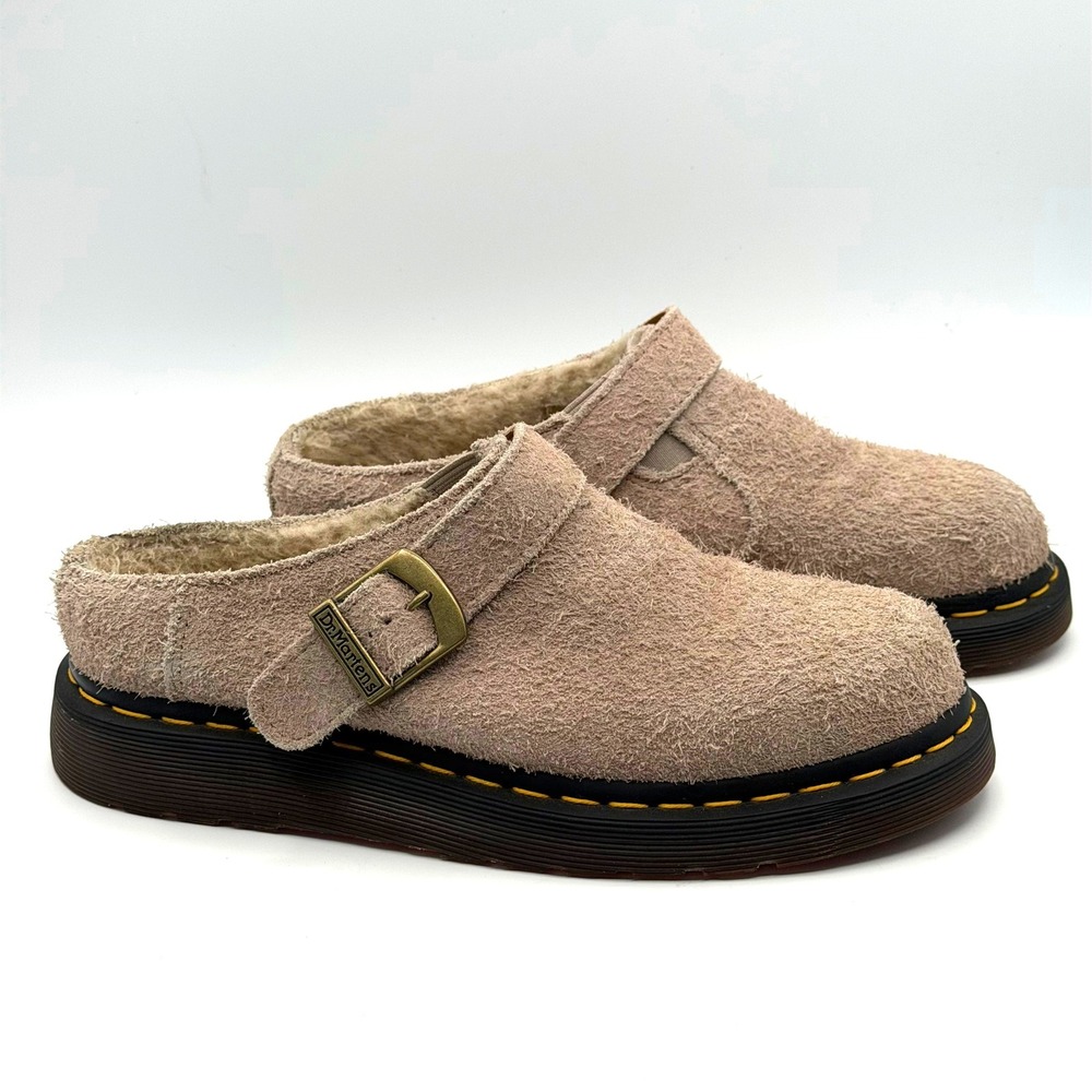 Dr Martens Isham Vintage Taupe Fuzzy Suede Slip On Mules Unisex W7 M6 Cozy Fall